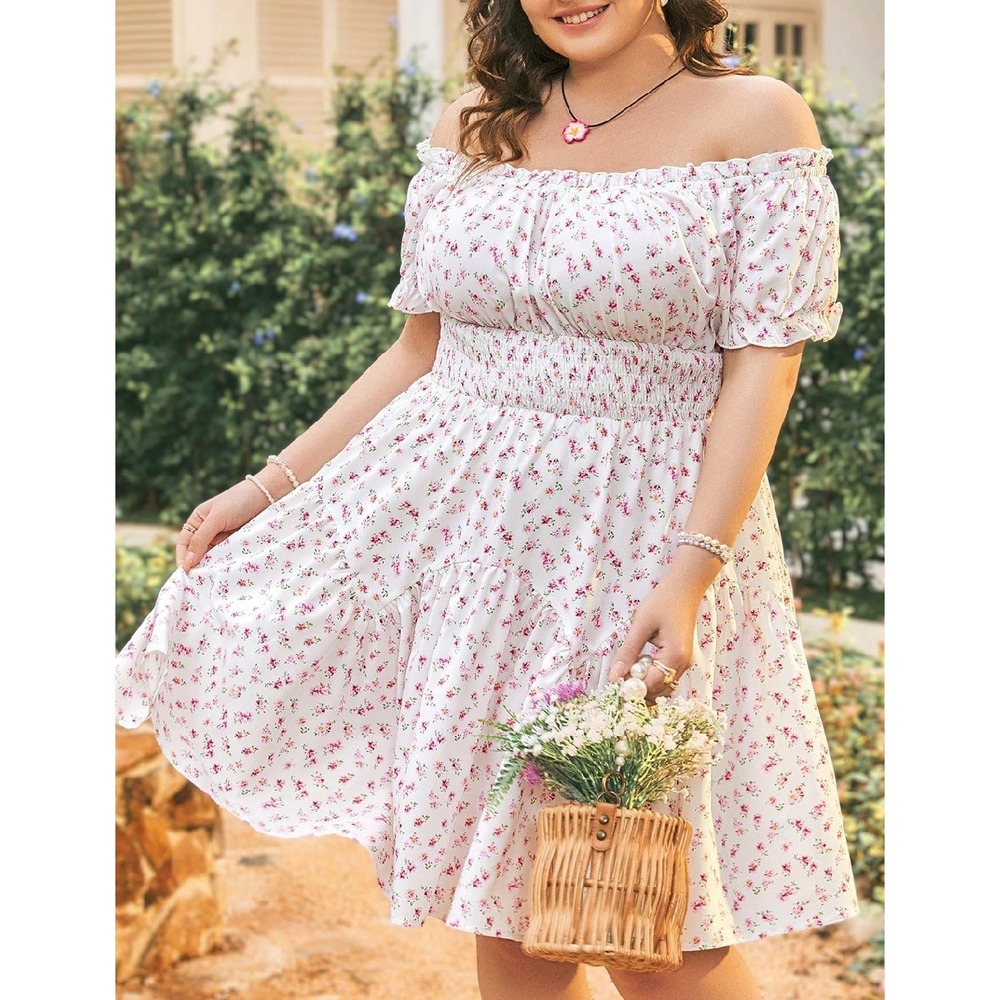 SHEIN Curve Plus Size 3XL Off The Shoulder Floral Smocked Dress